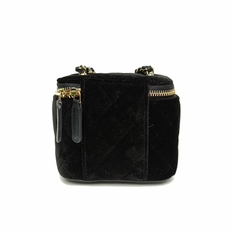 CHANEL 黑色天鵝絨鐳射標淺金扣方盒子化妝包帶鏡子肩背包-2