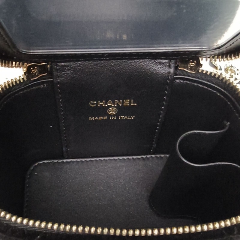CHANEL 黑色天鵝絨鐳射標淺金扣方盒子化妝包帶鏡子肩背包-5