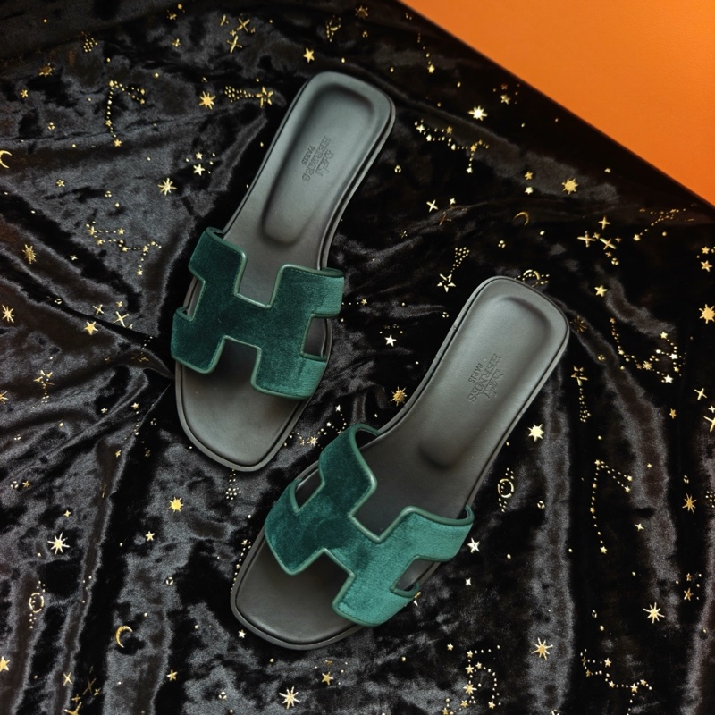 Hermes涼拖愛馬仕綠絲絨Oran平底H拖鞋 36.5碼-0