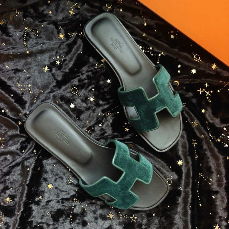 Hermes涼拖愛馬仕綠絲絨Oran平底H拖鞋 36.5碼-1