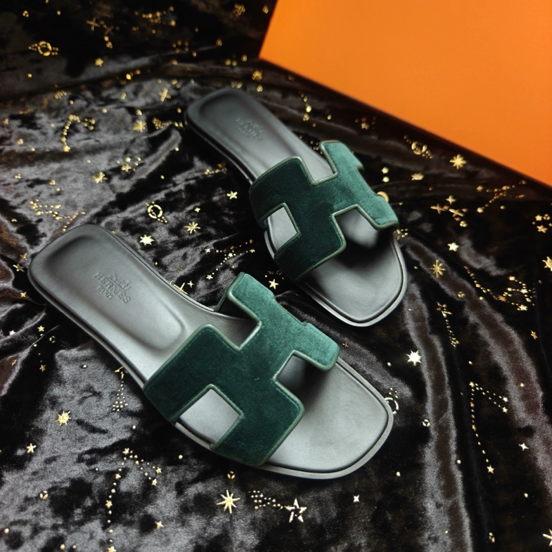 Hermes涼拖愛馬仕綠絲絨Oran平底H拖鞋 36.5碼-2