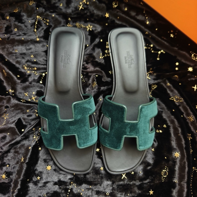 Hermes涼拖愛馬仕綠絲絨Oran平底H拖鞋 36.5碼-3