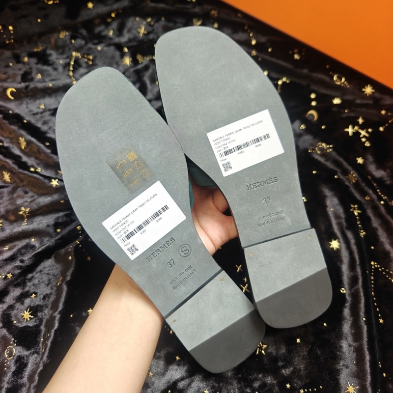 Hermes涼拖愛馬仕綠絲絨Oran平底H拖鞋 36.5碼-5