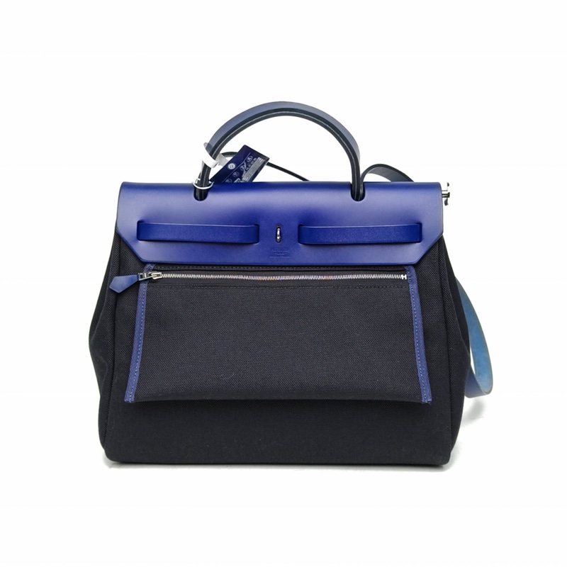 HERMES Herbag31黑色拼73寶石藍帆布/牛皮U刻銀扣肩背包-2