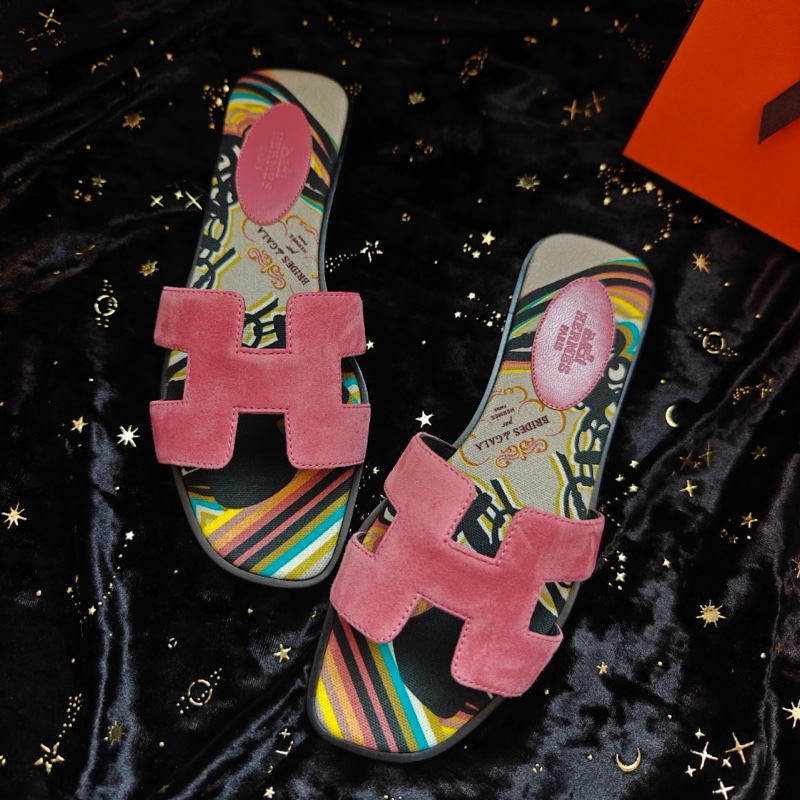 Hermes拖鞋愛馬仕Oran粉色麂皮帆布底平底拖鞋 36.5碼-0