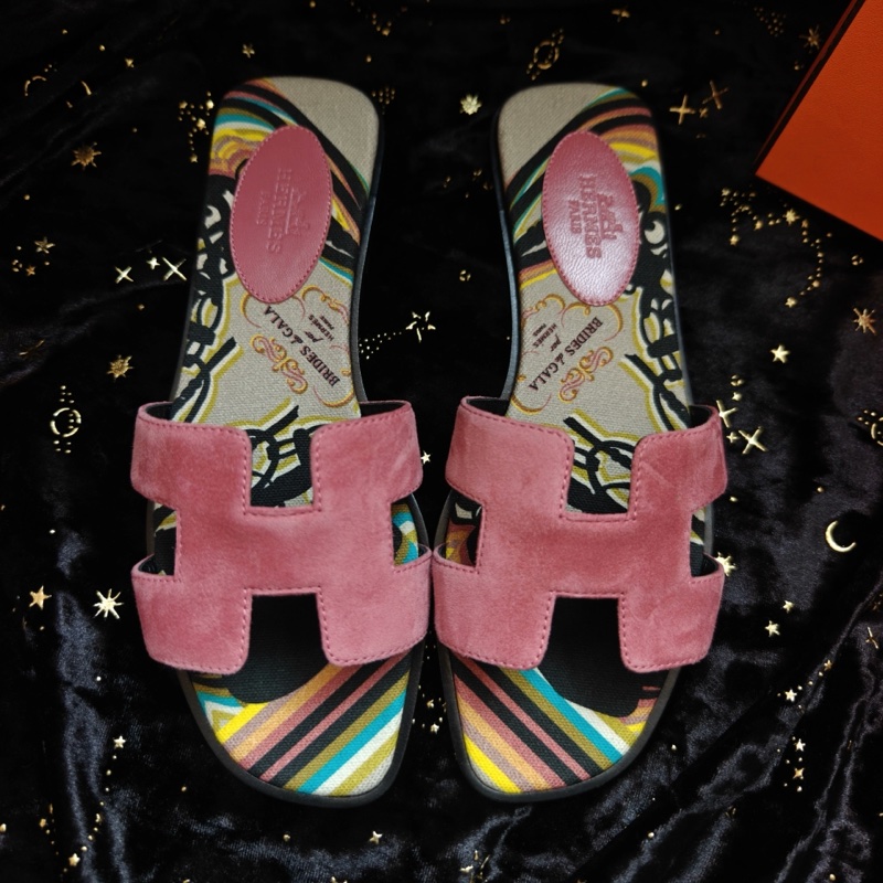 Hermes拖鞋愛馬仕Oran粉色麂皮帆布底平底拖鞋 36.5碼-2