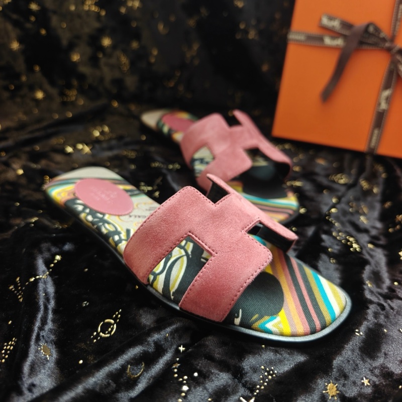 Hermes拖鞋愛馬仕Oran粉色麂皮帆布底平底拖鞋 36.5碼-3