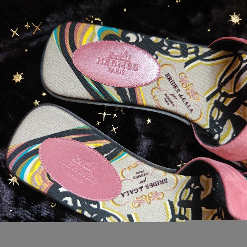 Hermes拖鞋愛馬仕Oran粉色麂皮帆布底平底拖鞋 36.5碼-5