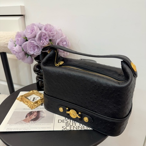 Versace 中古黑金鴕鳥紋手提包​​ 便當包 特殊款