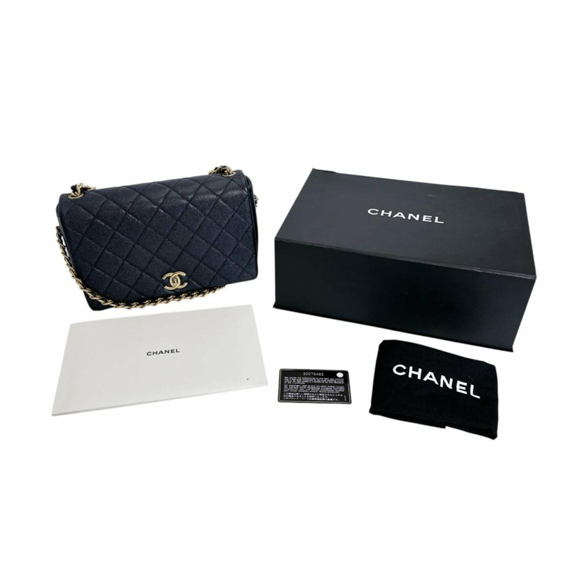 香奈兒鏈單背包，絎縫，霧面魚子醬紋皮革，AS1977，海軍藍-0