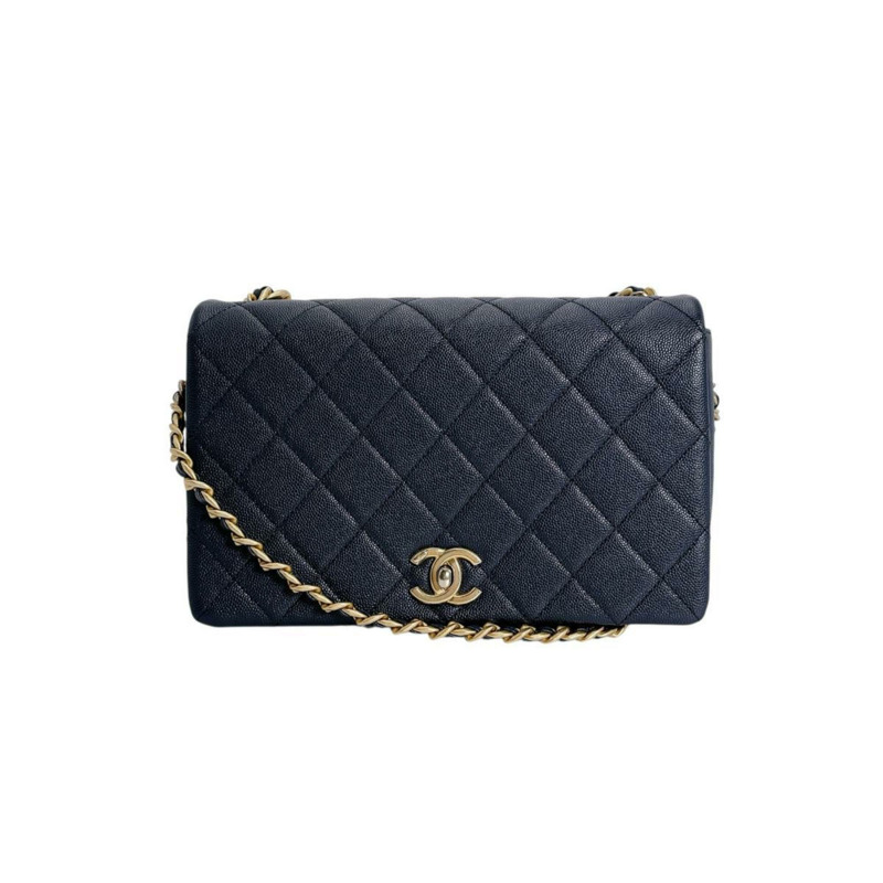 香奈兒鏈單背包，絎縫，霧面魚子醬紋皮革，AS1977，海軍藍-1