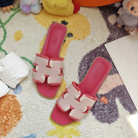 Hermes拖鞋愛馬仕Oran粉色帆布平底涼拖 37碼