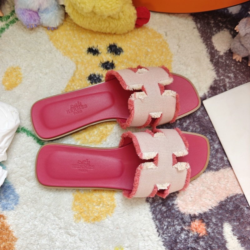 Hermes拖鞋愛馬仕Oran粉色帆布平底涼拖 37碼-2