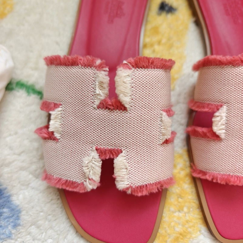 Hermes拖鞋愛馬仕Oran粉色帆布平底涼拖 37碼-3