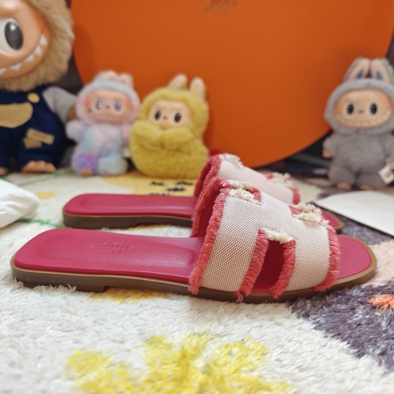 Hermes拖鞋愛馬仕Oran粉色帆布平底涼拖 37碼-4