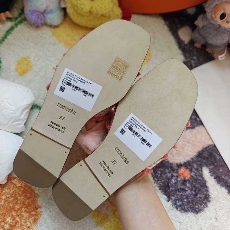 Hermes拖鞋愛馬仕Oran粉色帆布平底涼拖 37碼-5