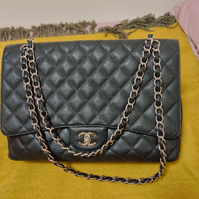 CHANEL 香奈爾 CF33 Maxi 經典口蓋包黑色荔枝紋銀鍊(單蓋/13開)-經典保值款-8