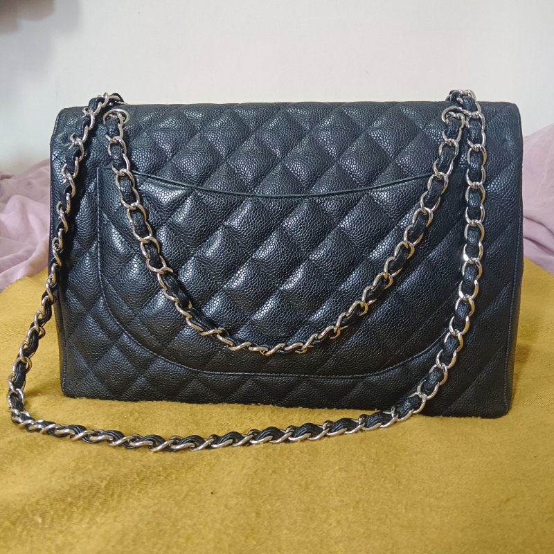 CHANEL 香奈爾 CF33 Maxi 經典口蓋包黑色荔枝紋銀鍊(單蓋/13開)-經典保值款-9