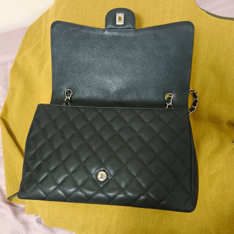 CHANEL 香奈爾 CF33 Maxi 經典口蓋包黑色荔枝紋銀鍊(單蓋/13開)-經典保值款-15