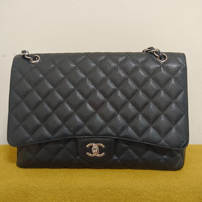 CHANEL 香奈爾 CF33 Maxi 經典口蓋包黑色荔枝紋銀鍊(單蓋/13開)-經典保值款-0