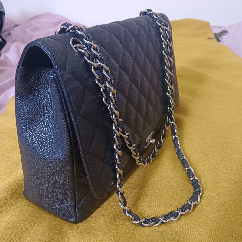 CHANEL 香奈爾 CF33 Maxi 經典口蓋包黑色荔枝紋銀鍊(單蓋/13開)-經典保值款-5