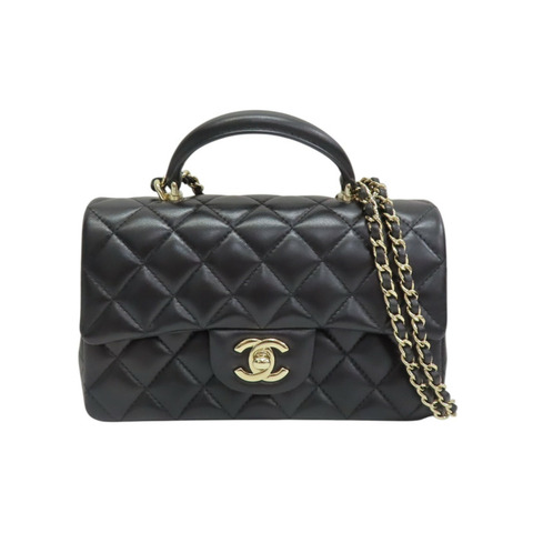 黑色羊皮 Mini 經典手把 口蓋 鍊帶 肩背包 AS2431【CHANEL 香奈兒】 AS2431
