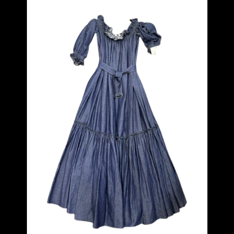 Dior 荷葉邊設計露肩長款連身裙 附腰帶 36碼-0