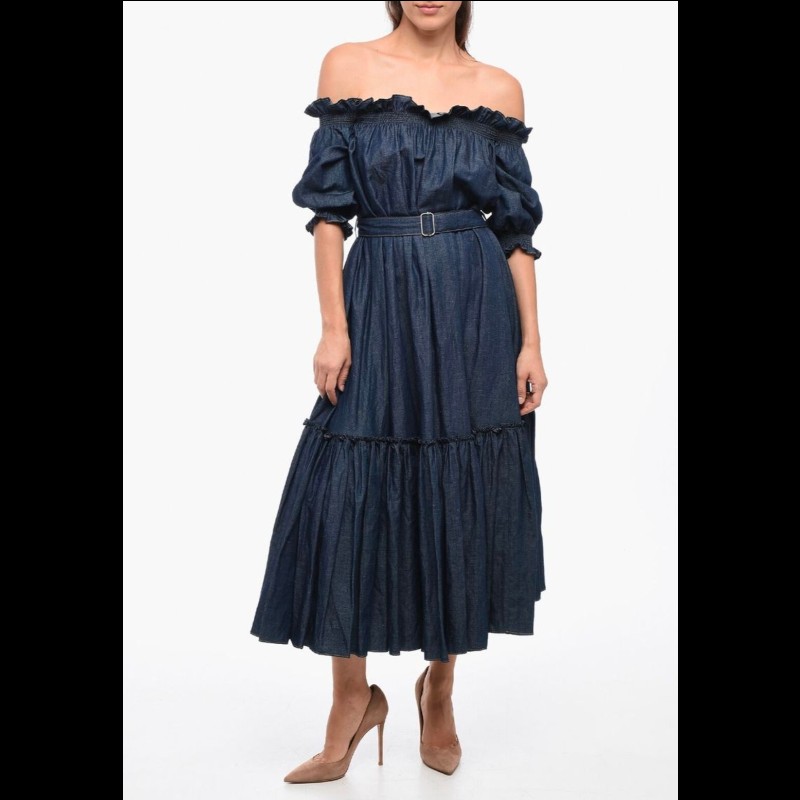 Dior 荷葉邊設計露肩長款連身裙 附腰帶 36碼-2