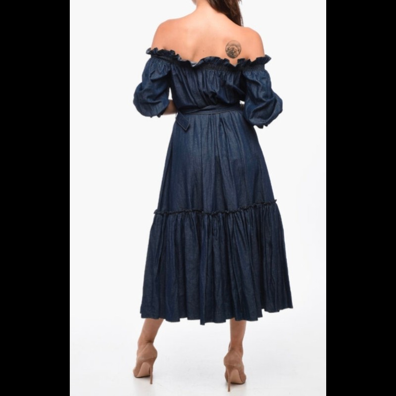 Dior 荷葉邊設計露肩長款連身裙 附腰帶 38碼-3