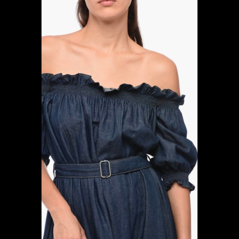 Dior 荷葉邊設計露肩長款連身裙 附腰帶 38碼-4