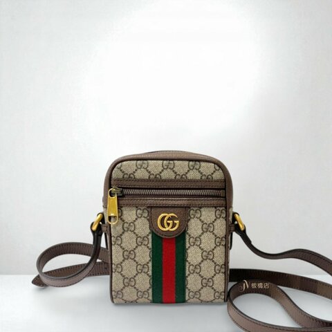 JS0568-GUCCI老花拼咖啡色皮革OPHIDIA日字小側背包598127