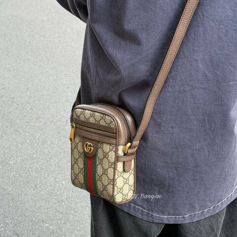 JS0568-GUCCI老花拼咖啡色皮革OPHIDIA日字小側背包598127