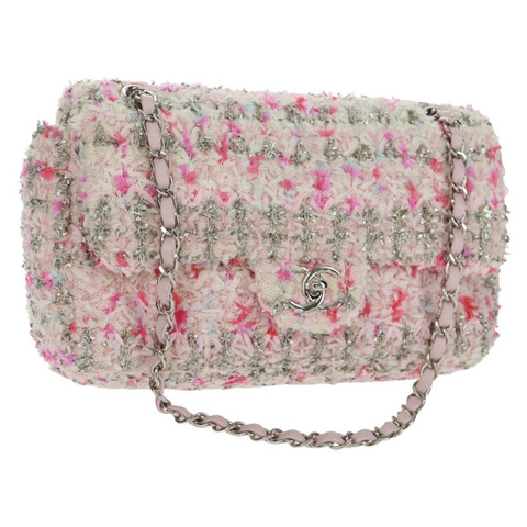 香奈兒單蓋25鏈條肩背包，斜紋軟呢粉紅銀色雙C標誌，正品編號160987SAM