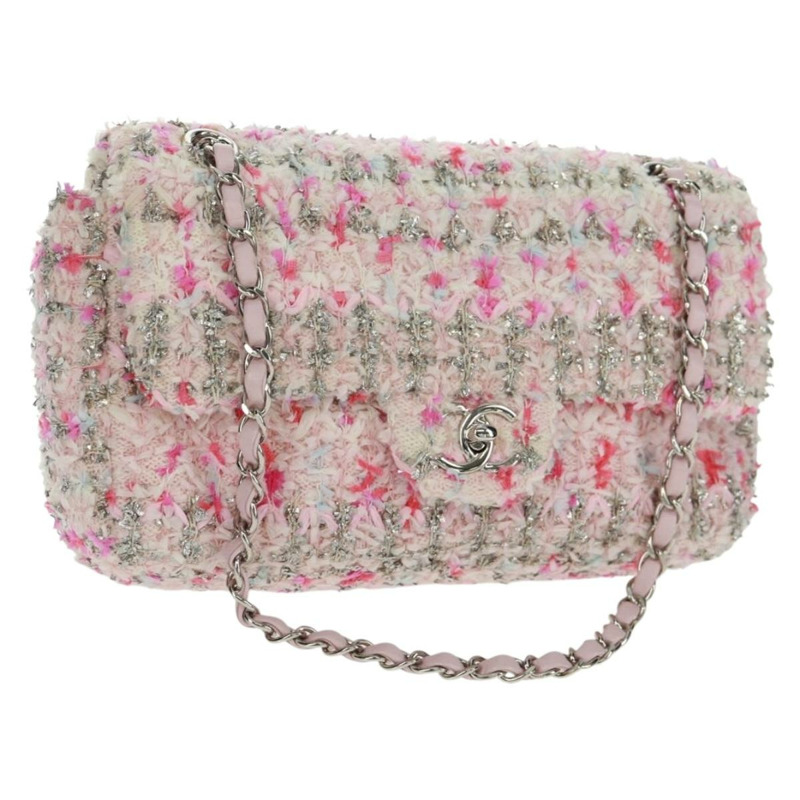 【日本直送】香奈兒單蓋25鏈條肩背包，斜紋軟呢粉紅銀色雙C標誌，正品編號160987SAM-0