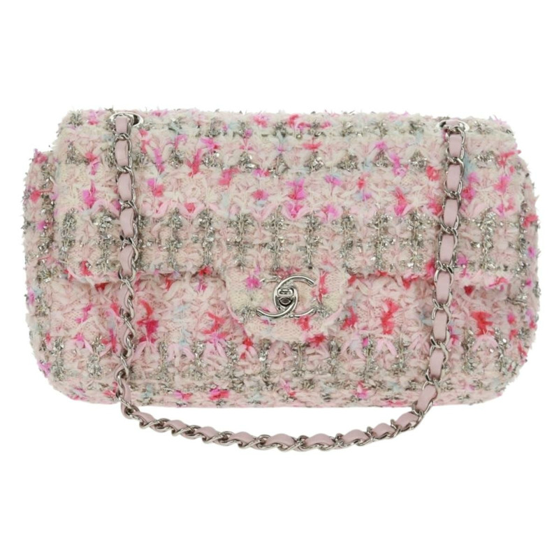 【日本直送】香奈兒單蓋25鏈條肩背包，斜紋軟呢粉紅銀色雙C標誌，正品編號160987SAM-1