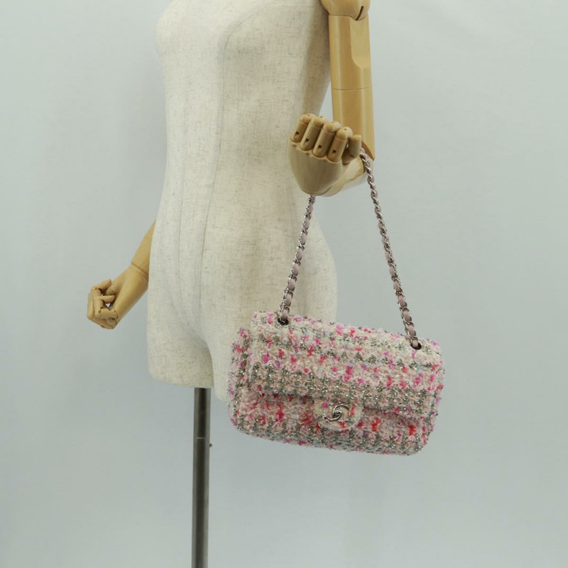 【日本直送】香奈兒單蓋25鏈條肩背包，斜紋軟呢粉紅銀色雙C標誌，正品編號160987SAM-25