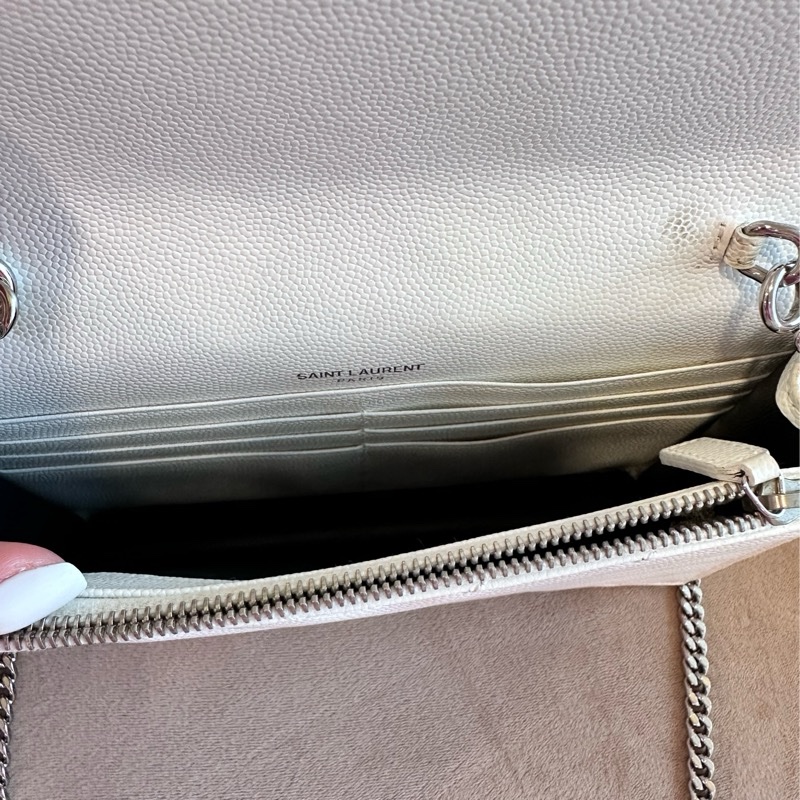 YSL聖羅蘭/白色銀釦WOC經典山形紋鏈帶信封包肩背包-2