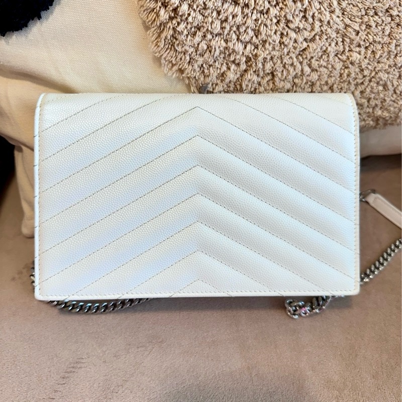 YSL聖羅蘭/白色銀釦WOC經典山形紋鏈帶信封包肩背包-7
