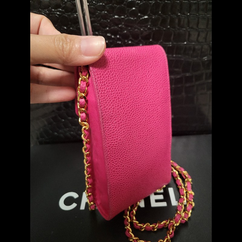 Chanel Vintage chain bag  電話袋 小廢包 桃紅色 鏈條包CHANEL Pink Caviar Leather Phone Bag-2