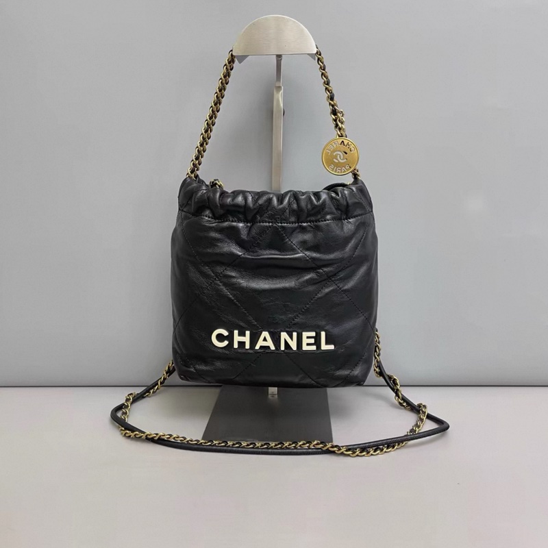 Chanel香奈兒 22bag迷你黑色白logo全皮包 芯片-0