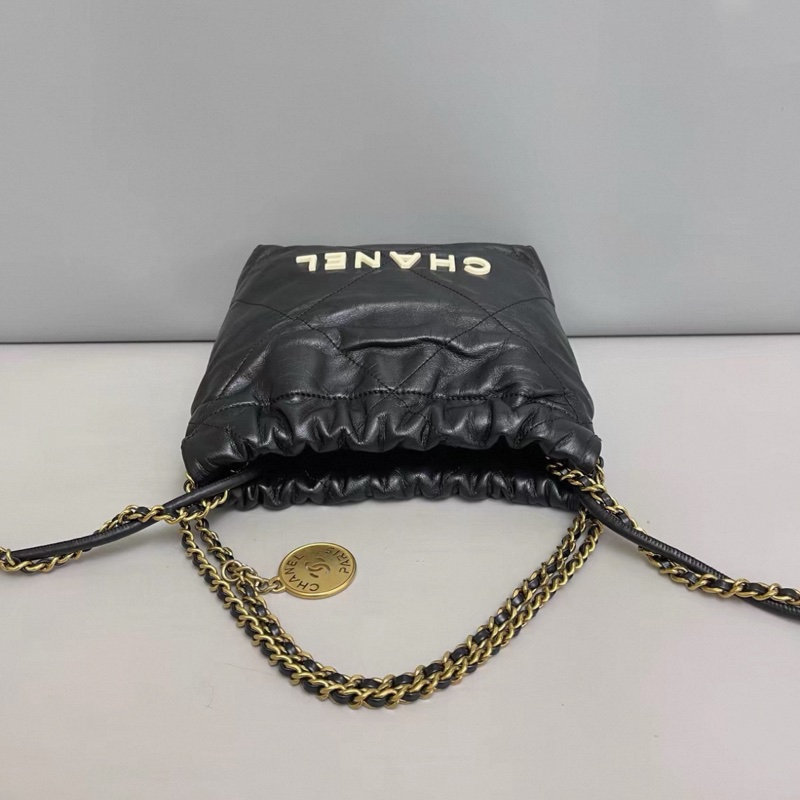 Chanel香奈兒 22bag迷你黑色白logo全皮包 芯片-4