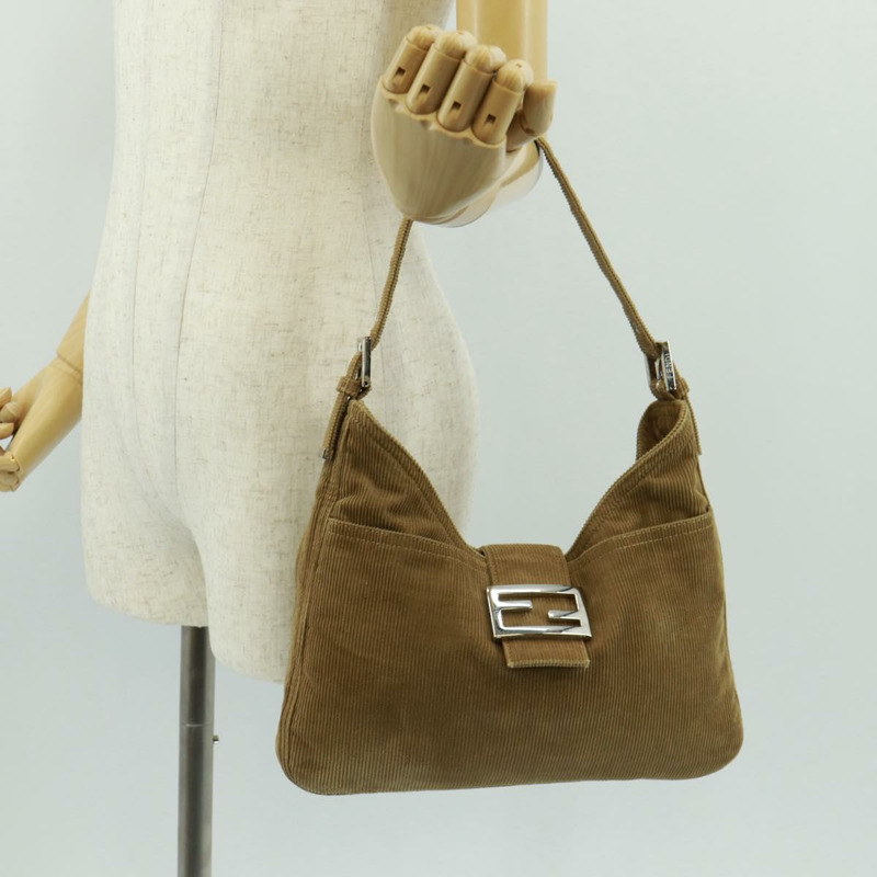 【日本直送】FENDI Mamma Baguette 肩背包 燈芯絨 米色 銀色 正品 169173SAV-24