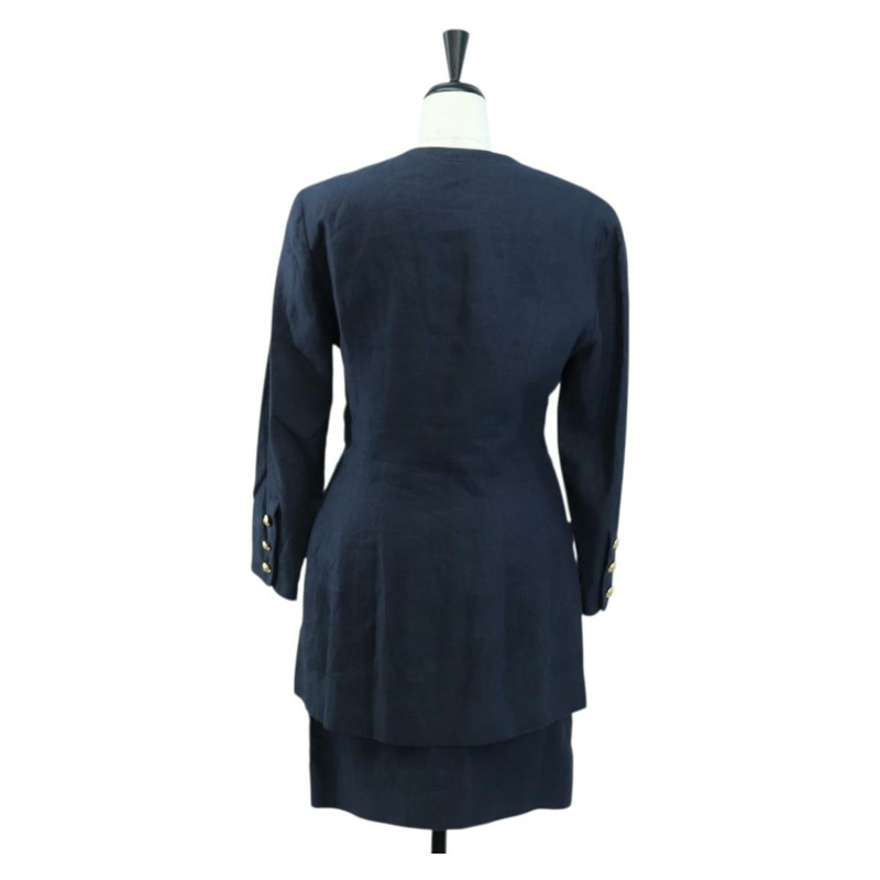 【日本直送】香奈兒 (CHANEL) 夾克半身裙套裝，亞麻材質，海軍藍，CC標誌，貨號158556M-1