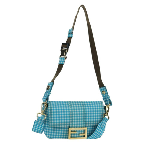 FENDI Mamma Baguette 肩背包 尼龍材質 兩用 淺藍色 金色 正品 171465M