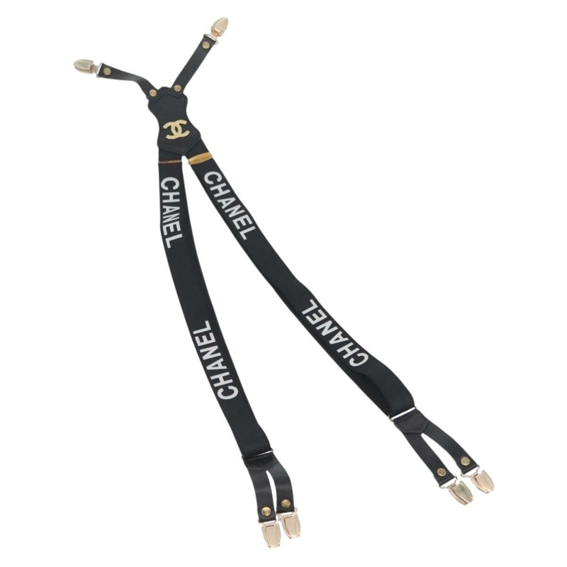 【日本直送】香奈兒帆布黑色雙C吊帶背帶 Auth 173409V-0