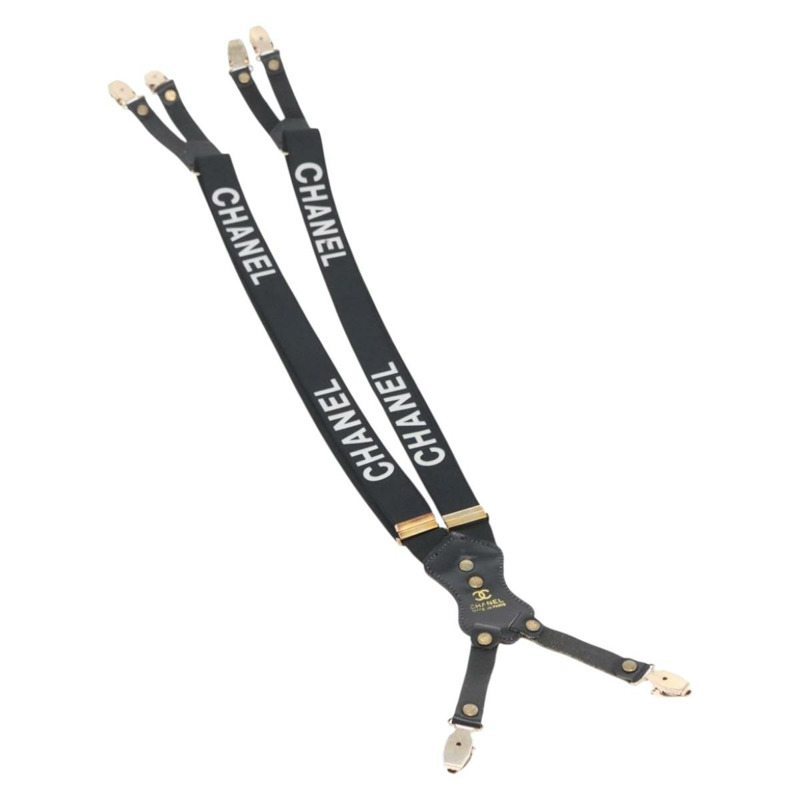 【日本直送】香奈兒帆布黑色雙C吊帶背帶 Auth 173409V-14