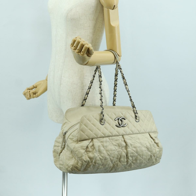 【日本直送】香奈兒 (CHANEL) 絎縫鏈條肩背包，象牙色皮革，銀色雙C標誌，貨號 171501A-22