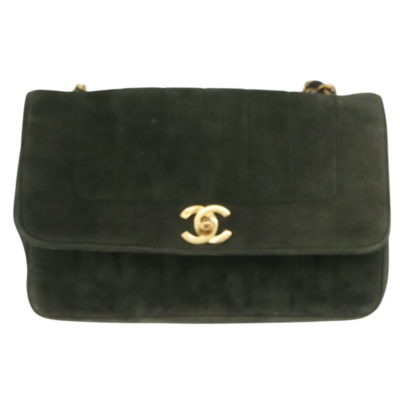 【日本直送】香奈兒 Mademoiselle 鏈條肩背包，絨面革材質，綠色金色雙C標誌，正品 BSZ035SAV-1