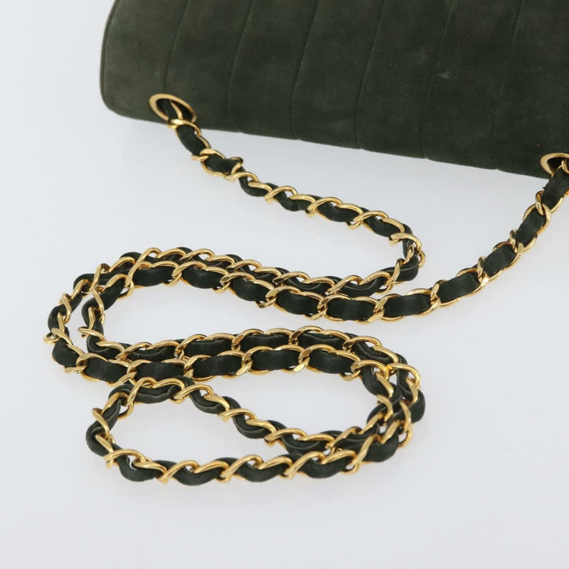 【日本直送】香奈兒 Mademoiselle 鏈條肩背包，絨面革材質，綠色金色雙C標誌，正品 BSZ035SAV-6