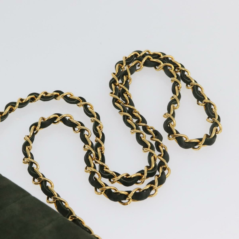 【日本直送】香奈兒 Mademoiselle 鏈條肩背包，絨面革材質，綠色金色雙C標誌，正品 BSZ035SAV-7